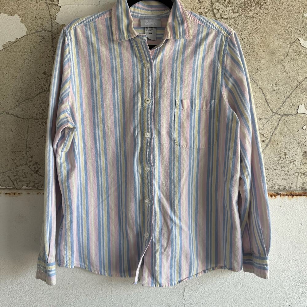 Cottagecore Pastel Rainbow Striped Button‎ Down Shirt Large